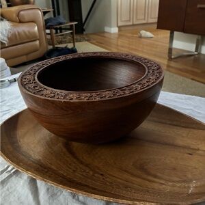 SET Platter/Bowl Teak Oblong Platter + Bowl Hardwood Floral Carved Flourishes